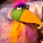 A colorful bird with a yellow beak and pink feathers.