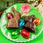 A plate of chocolate easter eggs and bunnies.
