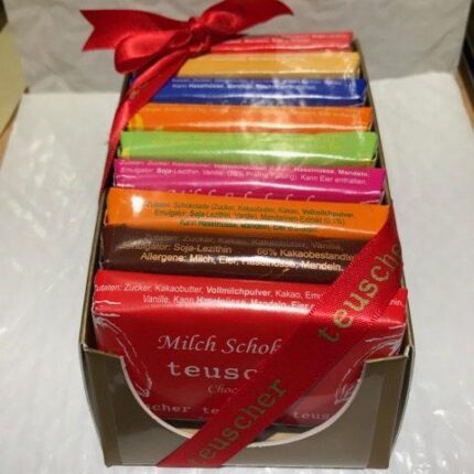 A box of chocolate covered bars in different colors.