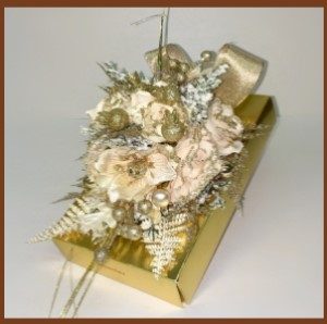 A box with flowers and ribbons on it.