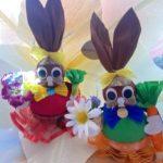 Two easter bunnies made of plastic bags and paper.